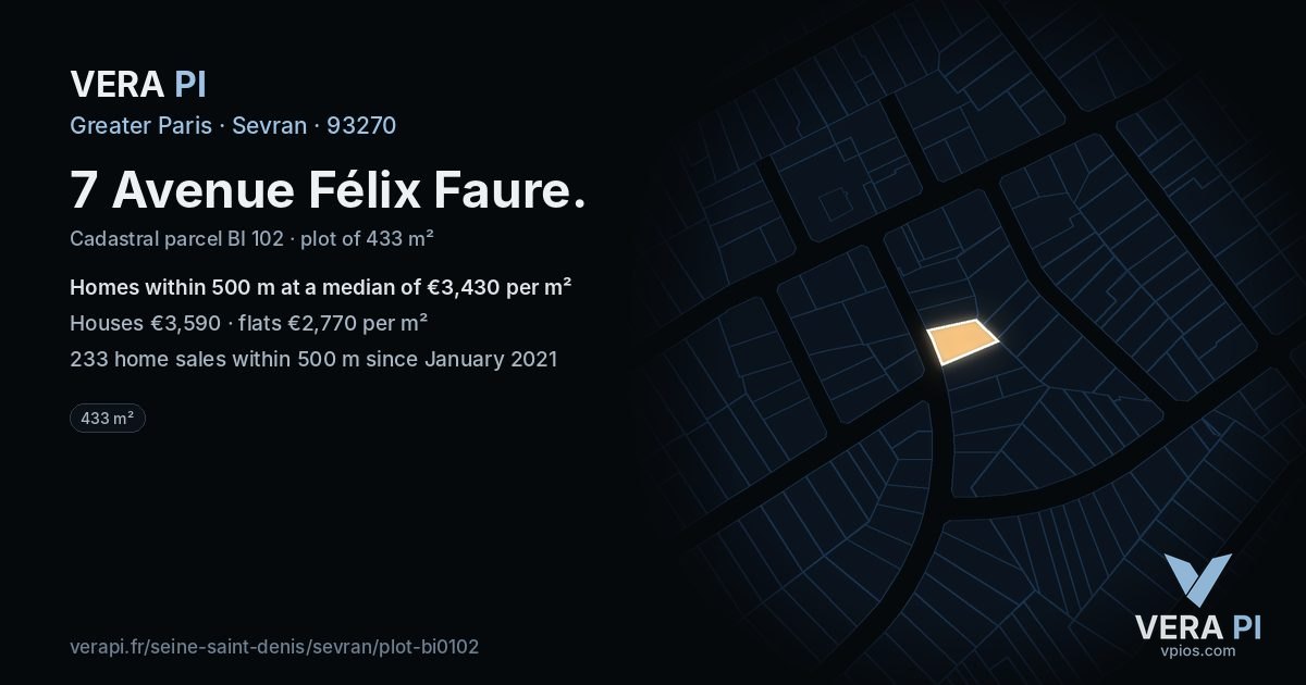7 Avenue Félix Faure, Sevran at night – the plot lit, the parcels around coloured by the prices near them