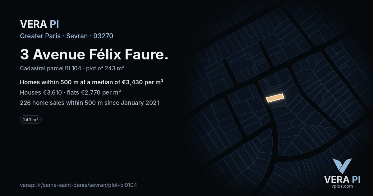 3 Avenue Félix Faure, Sevran at night – the plot lit, the parcels around coloured by the prices near them