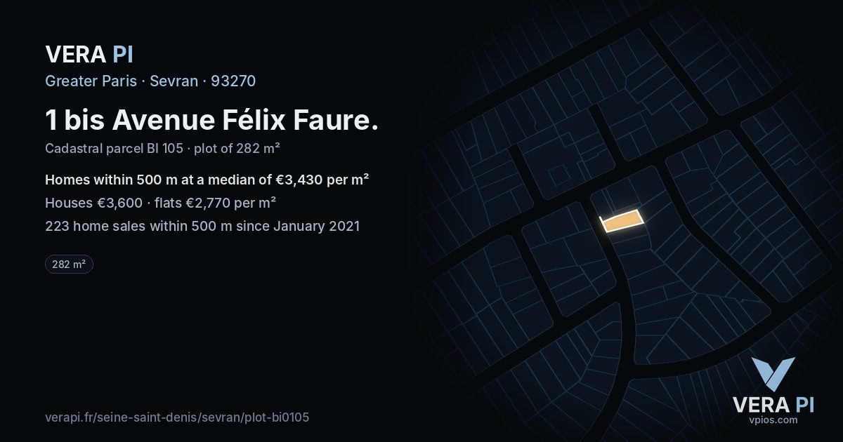 1 bis Avenue Félix Faure, Sevran at night – the plot lit, the parcels around coloured by the prices near them