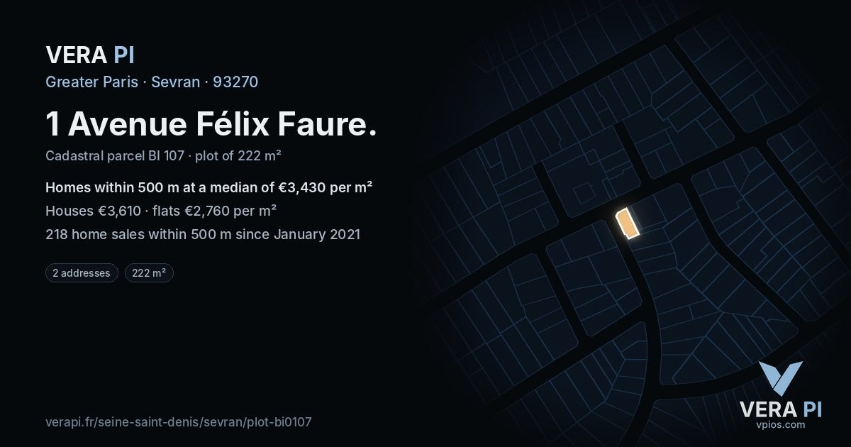 1 Avenue Félix Faure, Sevran at night – the plot lit, the parcels around coloured by the prices near them
