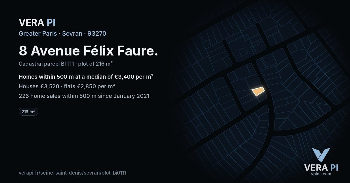 8 Avenue Félix Faure, Sevran at night – the plot lit, the parcels around coloured by the prices near them