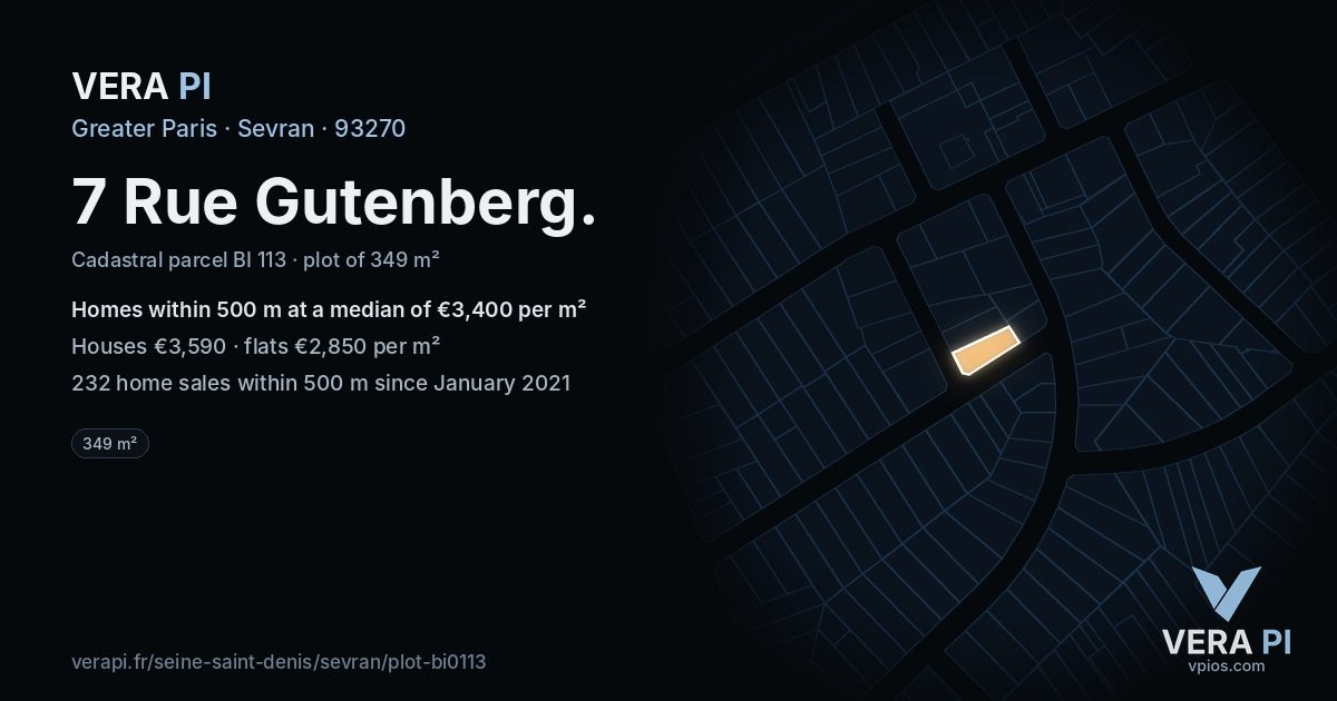 7 Rue Gutenberg, Sevran at night – the plot lit, the parcels around coloured by the prices near them