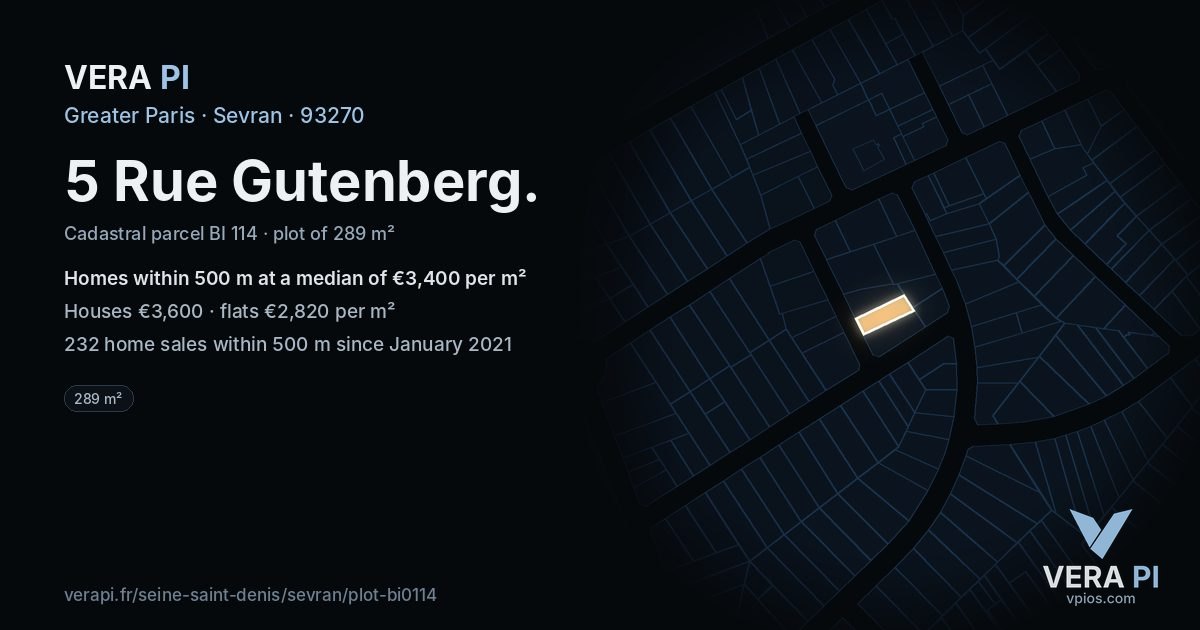 5 Rue Gutenberg, Sevran at night – the plot lit, the parcels around coloured by the prices near them