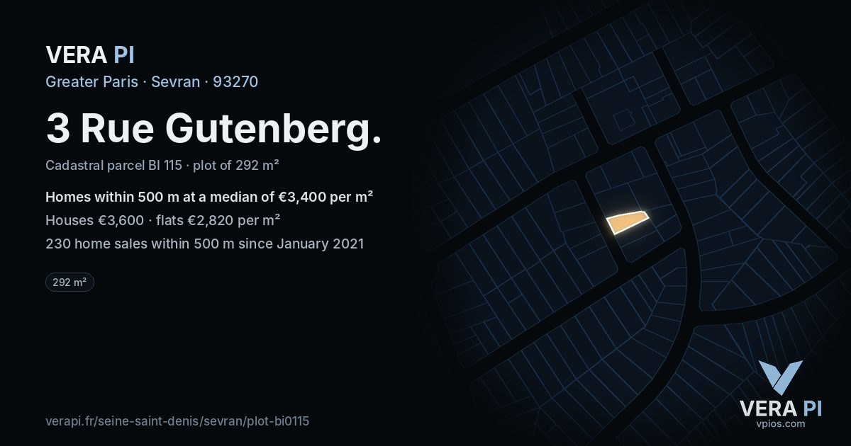 3 Rue Gutenberg, Sevran at night – the plot lit, the parcels around coloured by the prices near them