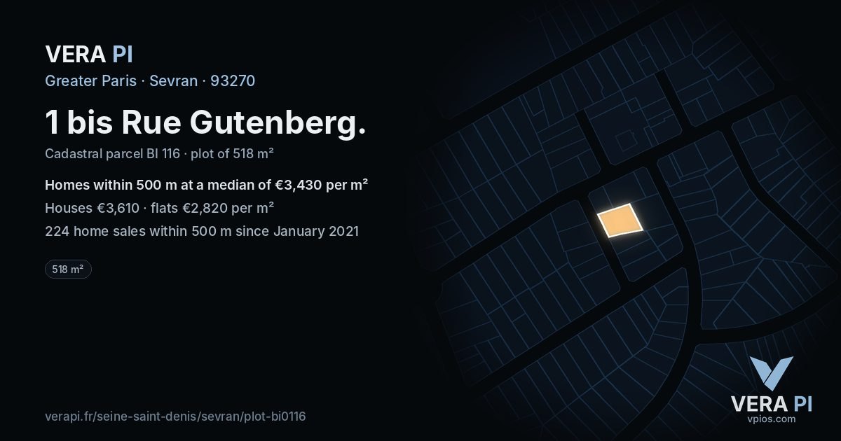 1 bis Rue Gutenberg, Sevran at night – the plot lit, the parcels around coloured by the prices near them