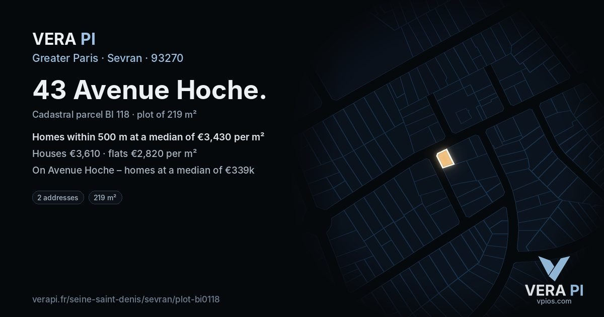 43 Avenue Hoche, Sevran at night – the plot lit, the parcels around coloured by the prices near them