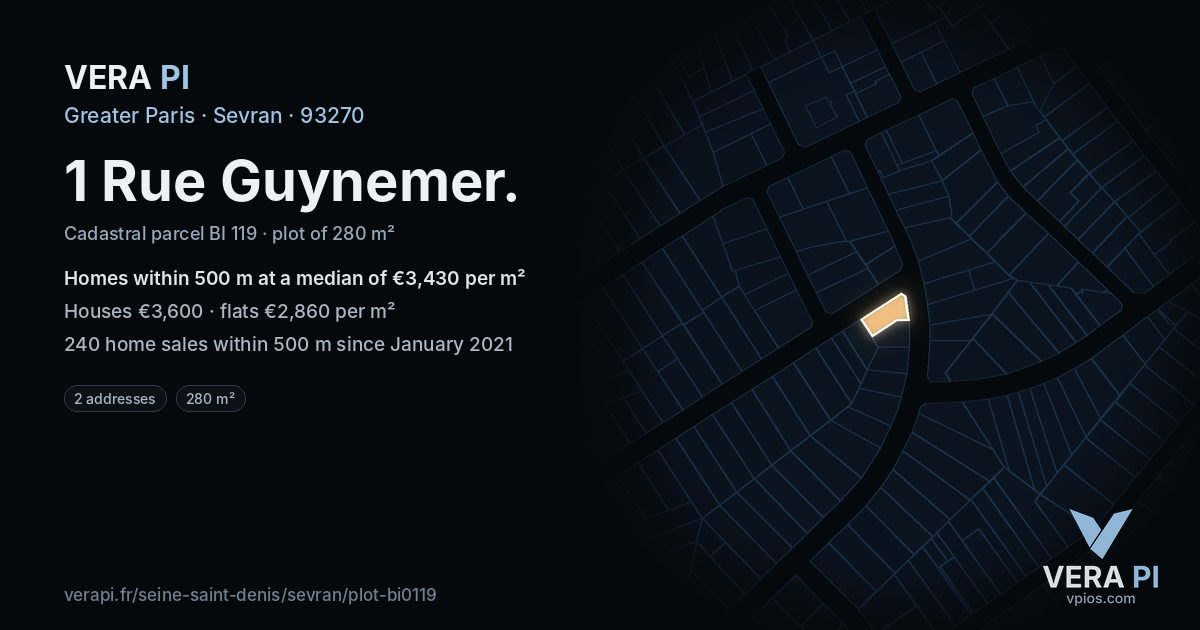 1 Rue Guynemer, Sevran at night – the plot lit, the parcels around coloured by the prices near them