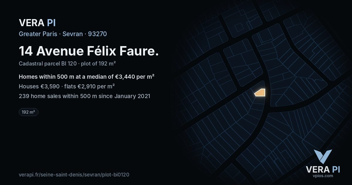 14 Avenue Félix Faure, Sevran at night – the plot lit, the parcels around coloured by the prices near them