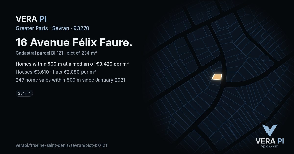 16 Avenue Félix Faure, Sevran at night – the plot lit, the parcels around coloured by the prices near them