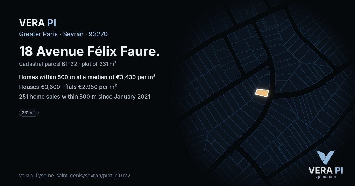 18 Avenue Félix Faure, Sevran at night – the plot lit, the parcels around coloured by the prices near them