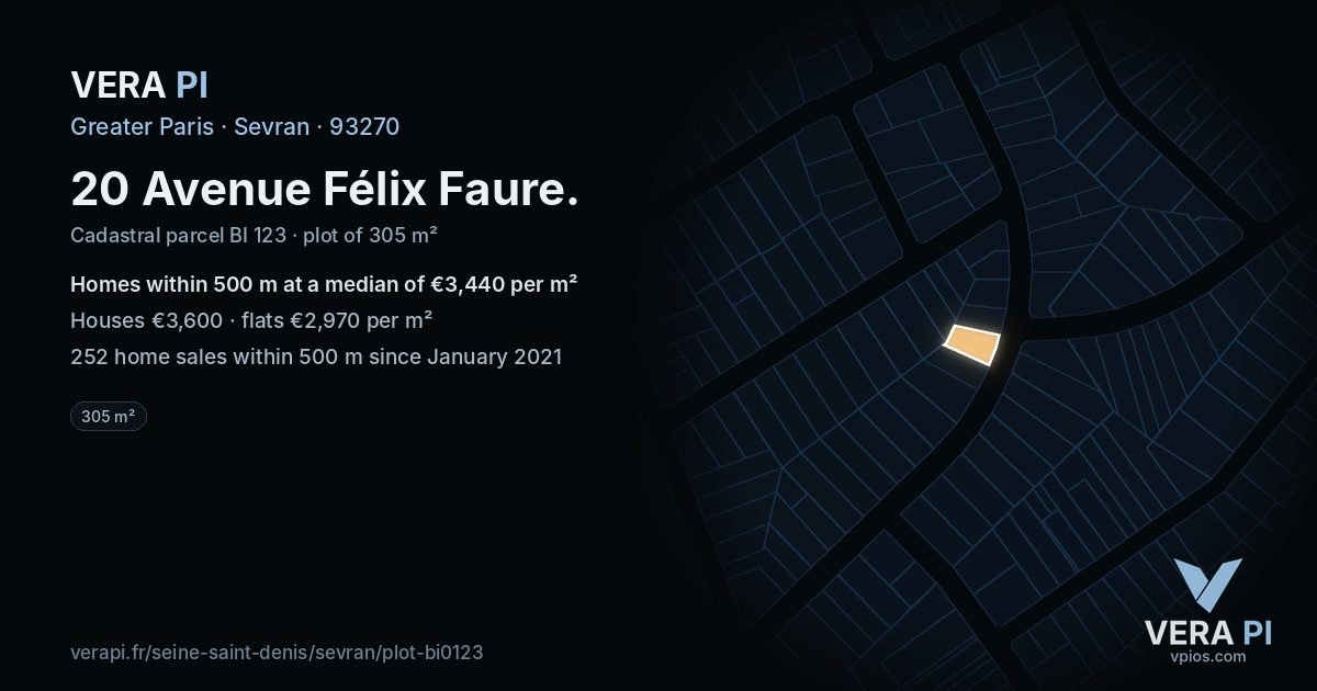 20 Avenue Félix Faure, Sevran at night – the plot lit, the parcels around coloured by the prices near them