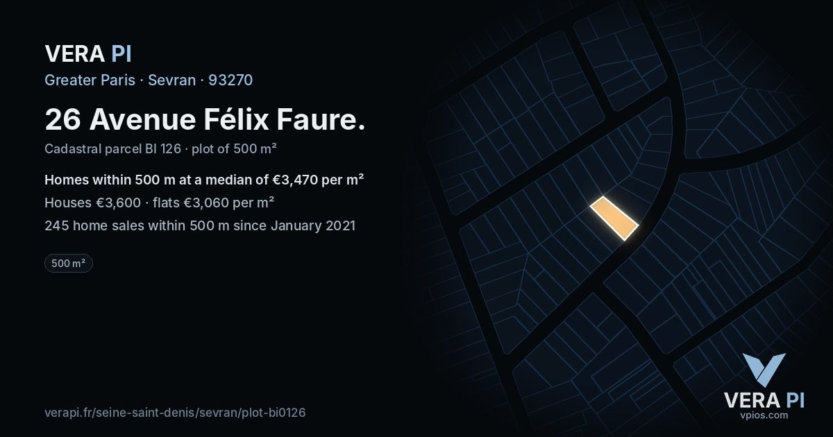 26 Avenue Félix Faure, Sevran at night – the plot lit, the parcels around coloured by the prices near them