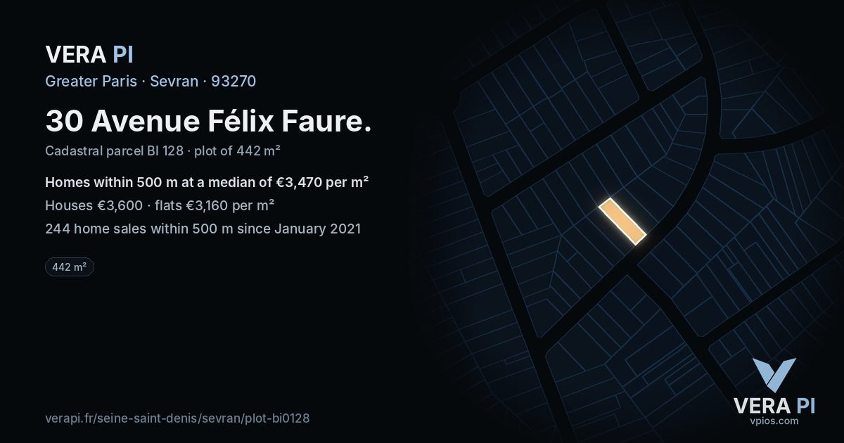 30 Avenue Félix Faure, Sevran at night – the plot lit, the parcels around coloured by the prices near them