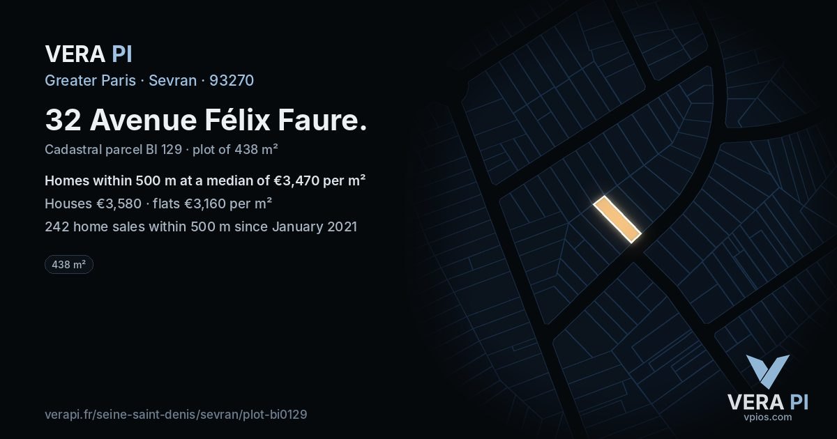 32 Avenue Félix Faure, Sevran at night – the plot lit, the parcels around coloured by the prices near them