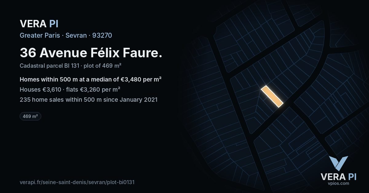 36 Avenue Félix Faure, Sevran at night – the plot lit, the parcels around coloured by the prices near them