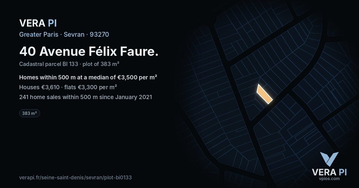 40 Avenue Félix Faure, Sevran at night – the plot lit, the parcels around coloured by the prices near them