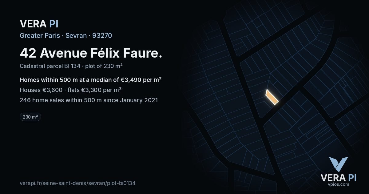42 Avenue Félix Faure, Sevran at night – the plot lit, the parcels around coloured by the prices near them