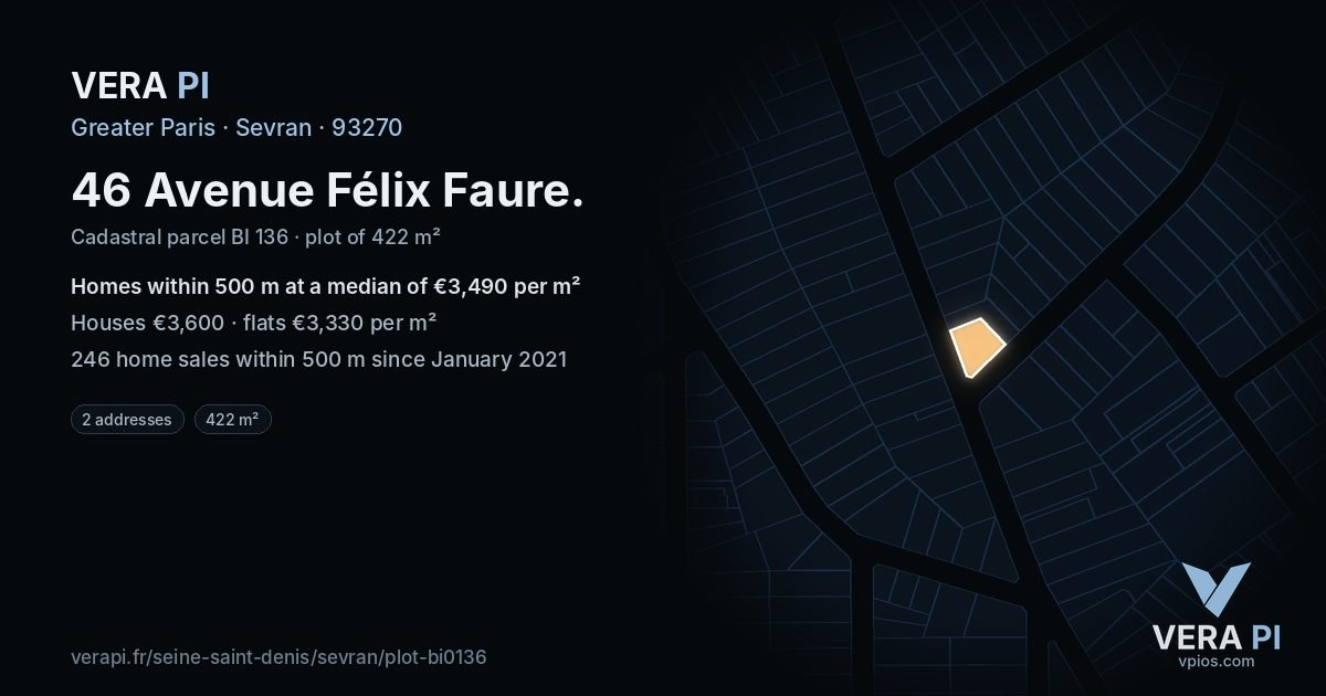 46 Avenue Félix Faure, Sevran at night – the plot lit, the parcels around coloured by the prices near them