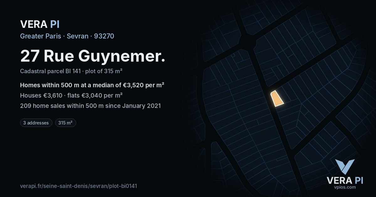 27 Rue Guynemer, Sevran at night – the plot lit, the parcels around coloured by the prices near them