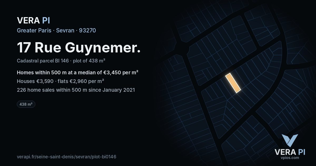 17 Rue Guynemer, Sevran at night – the plot lit, the parcels around coloured by the prices near them