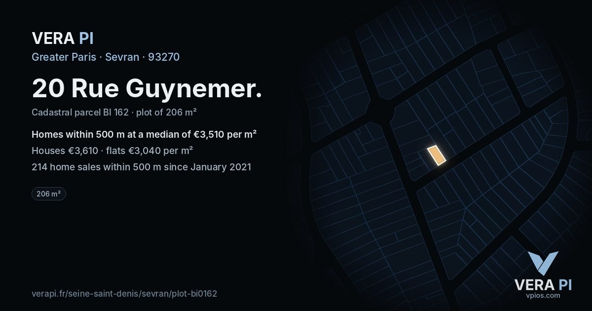 20 Rue Guynemer, Sevran at night – the plot lit, the parcels around coloured by the prices near them