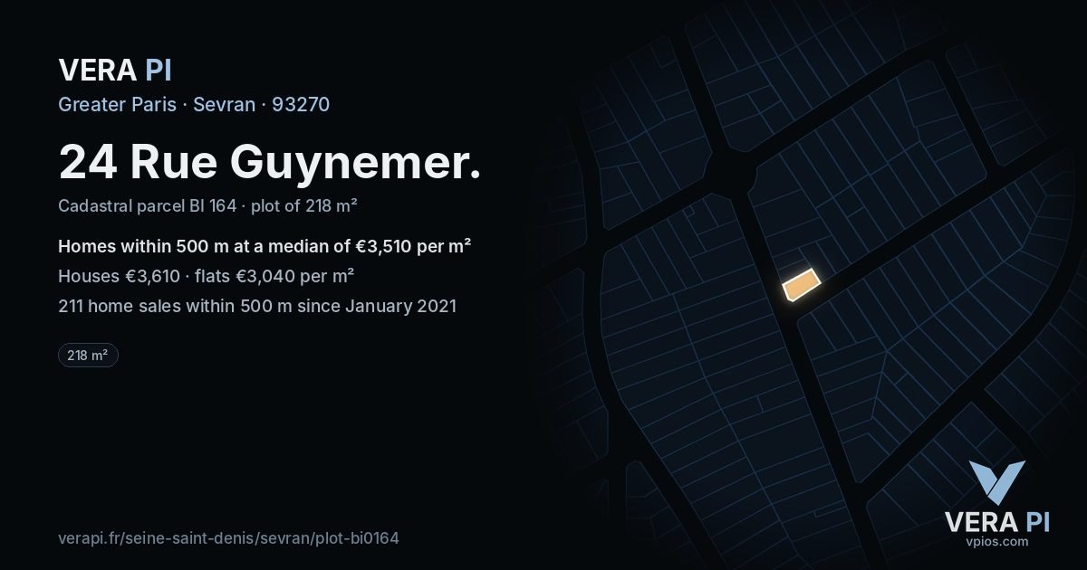 24 Rue Guynemer, Sevran at night – the plot lit, the parcels around coloured by the prices near them
