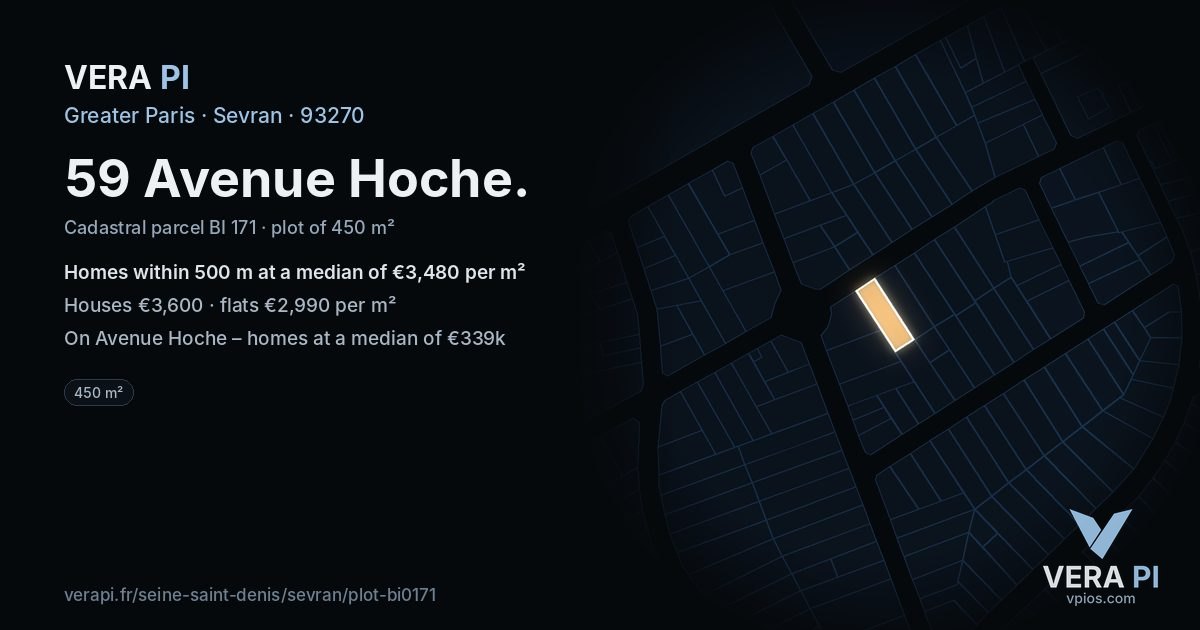 59 Avenue Hoche, Sevran at night – the plot lit, the parcels around coloured by the prices near them