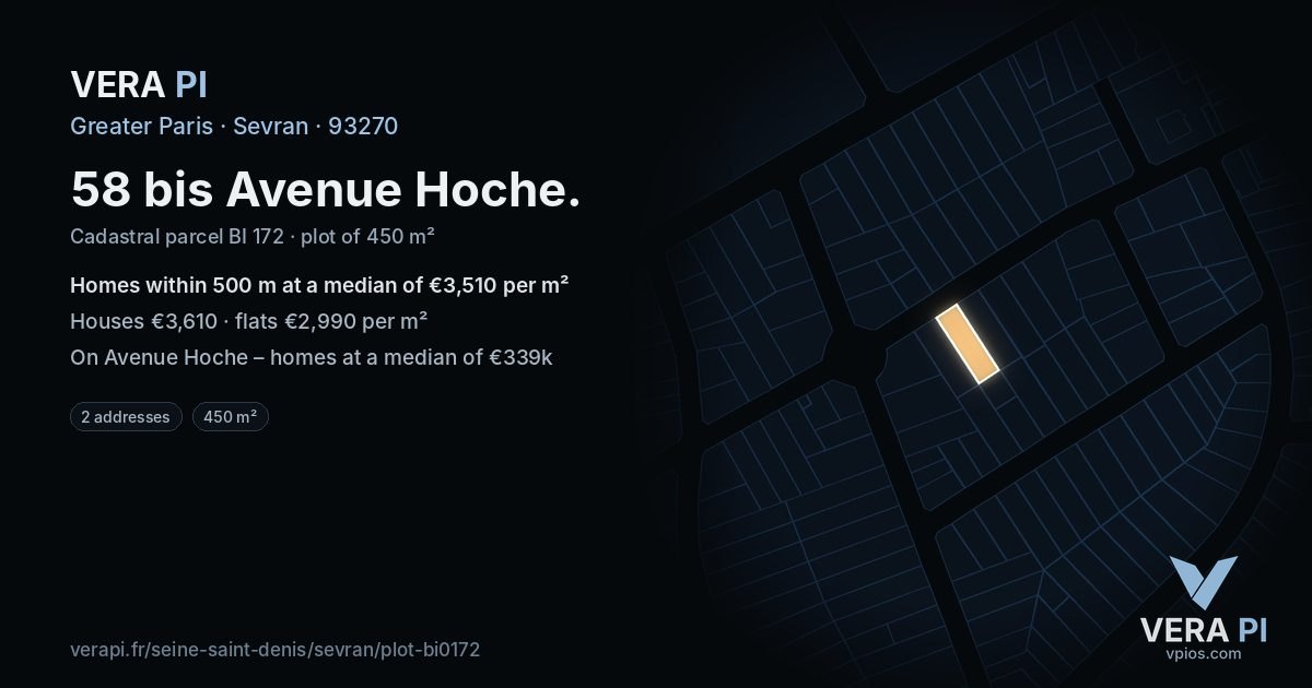 58 bis Avenue Hoche, Sevran at night – the plot lit, the parcels around coloured by the prices near them