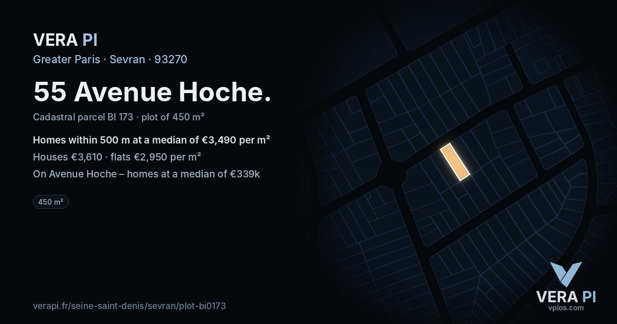 55 Avenue Hoche, Sevran at night – the plot lit, the parcels around coloured by the prices near them