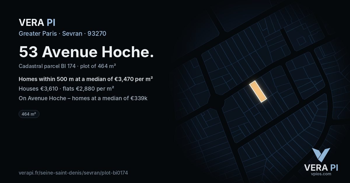 53 Avenue Hoche, Sevran at night – the plot lit, the parcels around coloured by the prices near them