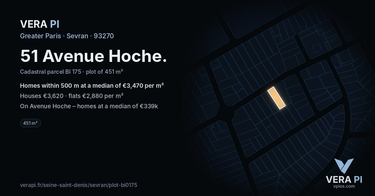 51 Avenue Hoche, Sevran at night – the plot lit, the parcels around coloured by the prices near them