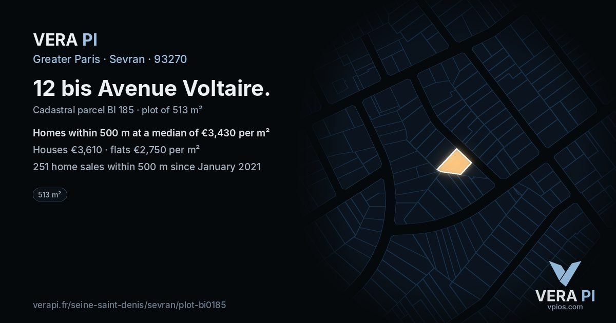 12 bis Avenue Voltaire, Sevran at night – the plot lit, the parcels around coloured by the prices near them
