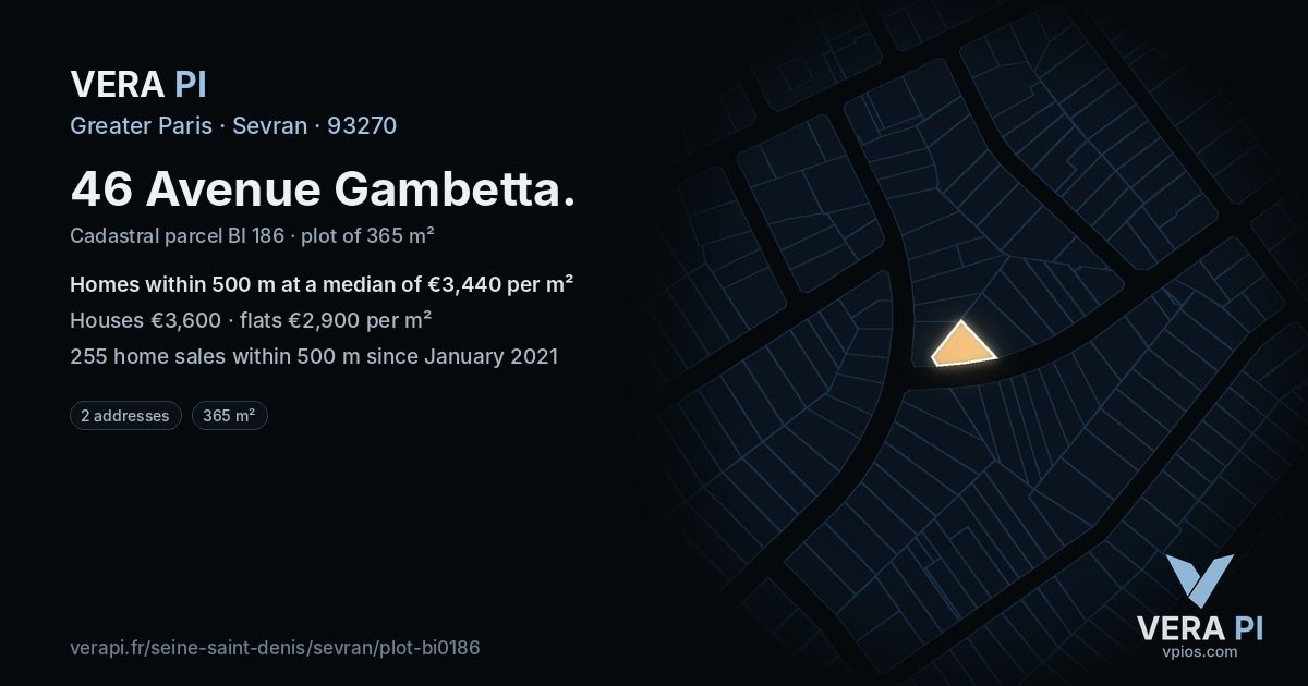 46 Avenue Gambetta, Sevran at night – the plot lit, the parcels around coloured by the prices near them