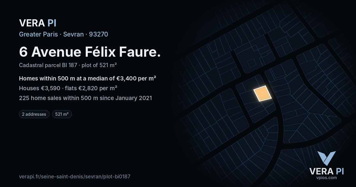6 Avenue Félix Faure, Sevran at night – the plot lit, the parcels around coloured by the prices near them