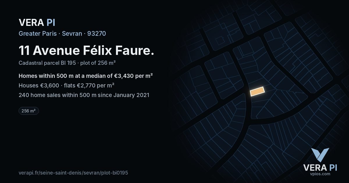 11 Avenue Félix Faure, Sevran at night – the plot lit, the parcels around coloured by the prices near them