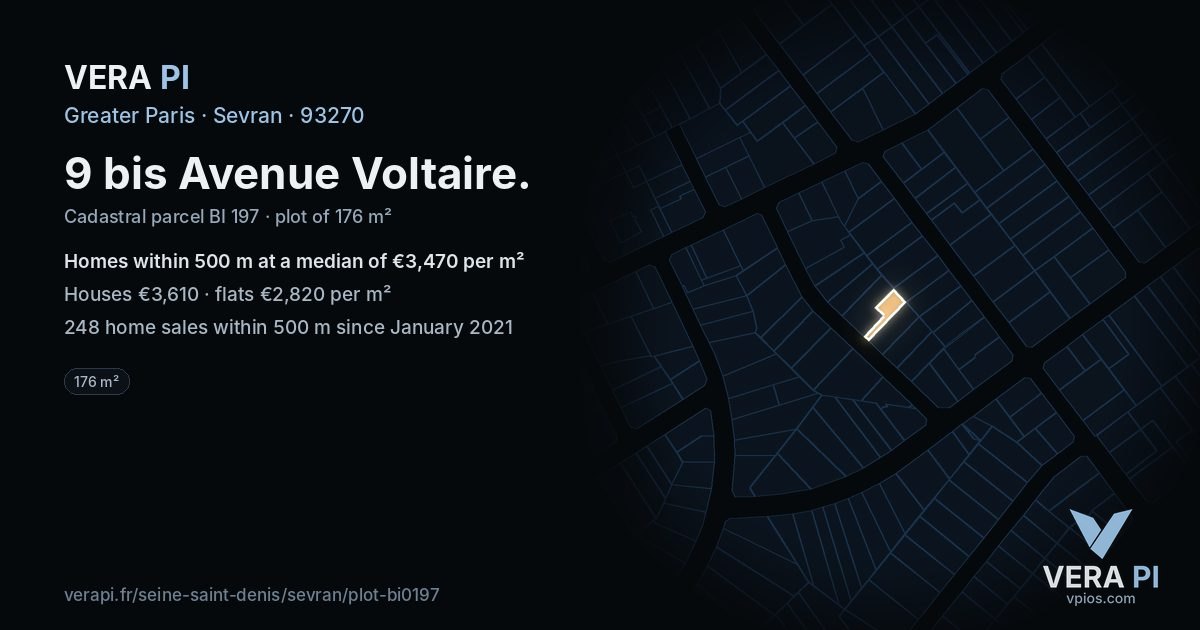 9 bis Avenue Voltaire, Sevran at night – the plot lit, the parcels around coloured by the prices near them