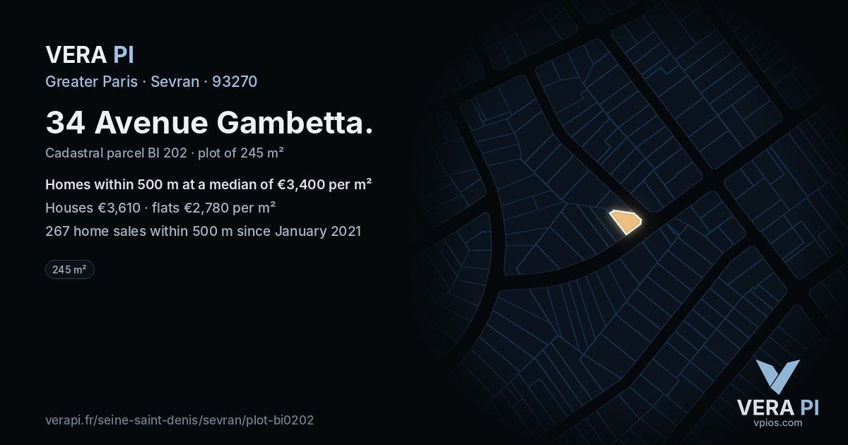 34 Avenue Gambetta, Sevran at night – the plot lit, the parcels around coloured by the prices near them