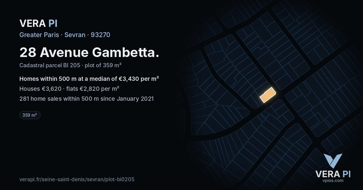 28 Avenue Gambetta, Sevran at night – the plot lit, the parcels around coloured by the prices near them