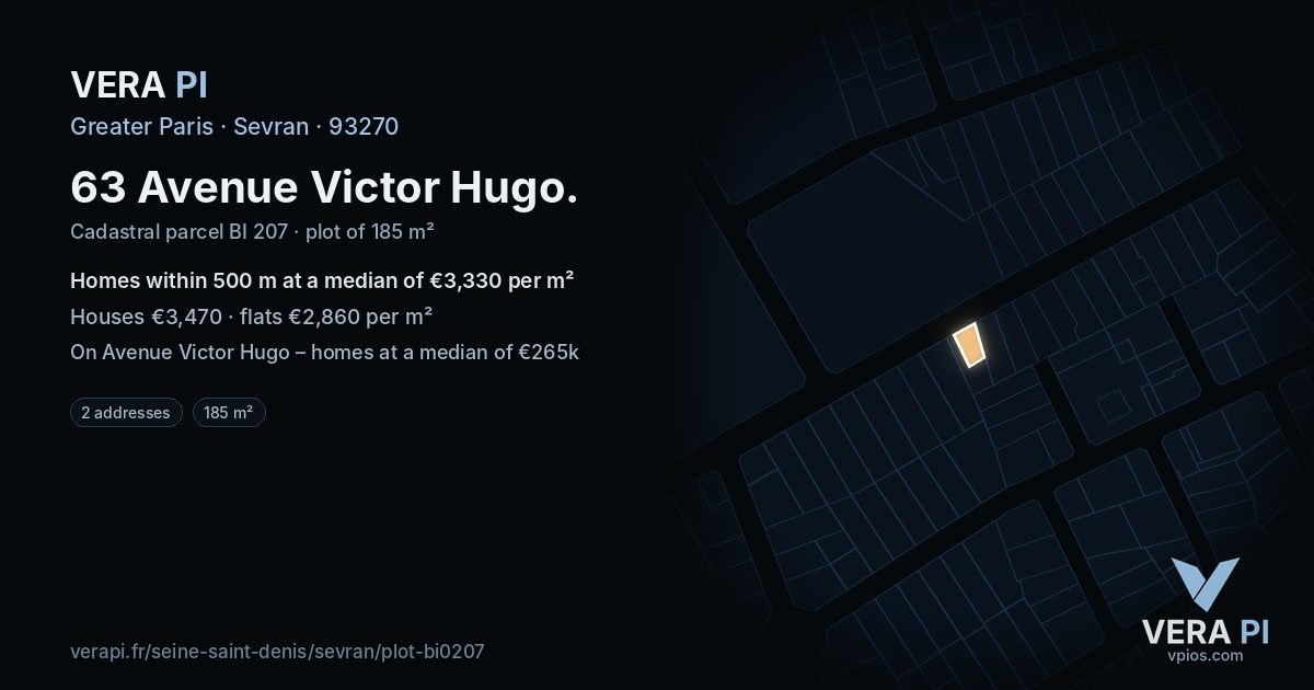 63 Avenue Victor Hugo, Sevran at night – the plot lit, the parcels around coloured by the prices near them