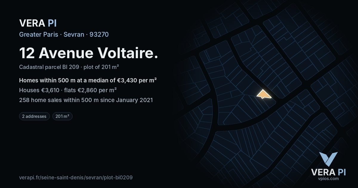 12 Avenue Voltaire, Sevran at night – the plot lit, the parcels around coloured by the prices near them