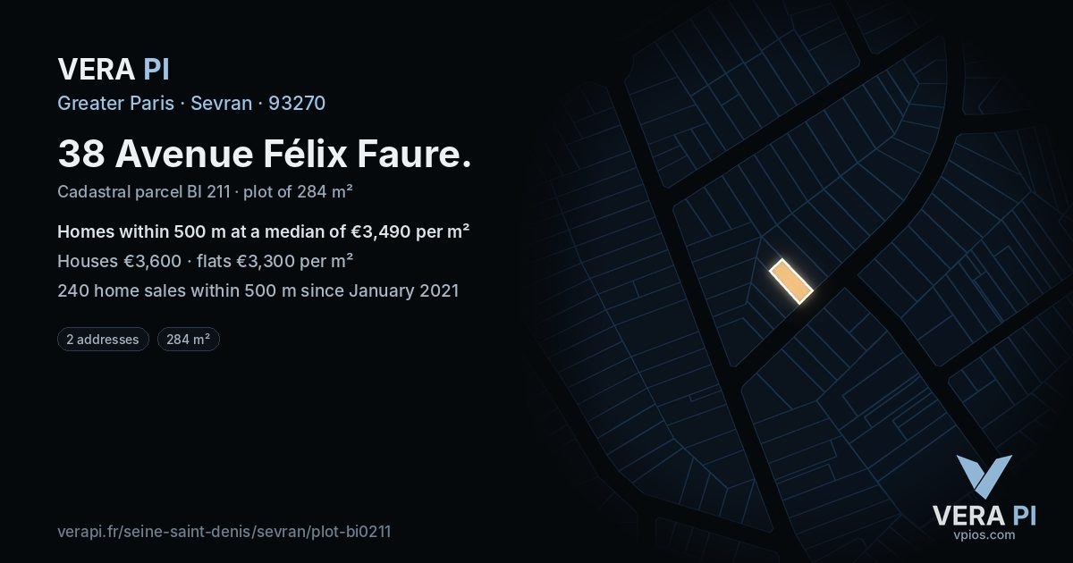38 Avenue Félix Faure, Sevran at night – the plot lit, the parcels around coloured by the prices near them