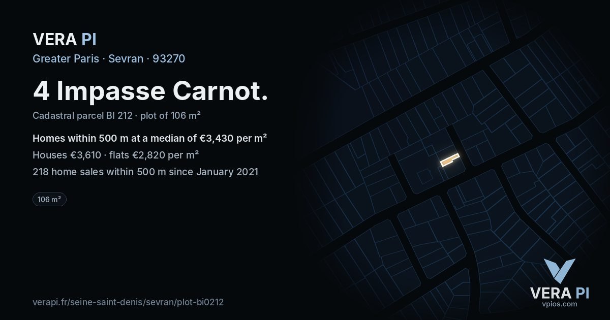 4 Impasse Carnot, Sevran at night – the plot lit, the parcels around coloured by the prices near them