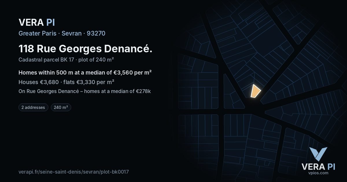 118 Rue Georges Denancé, Sevran at night – the plot lit, the parcels around coloured by the prices near them