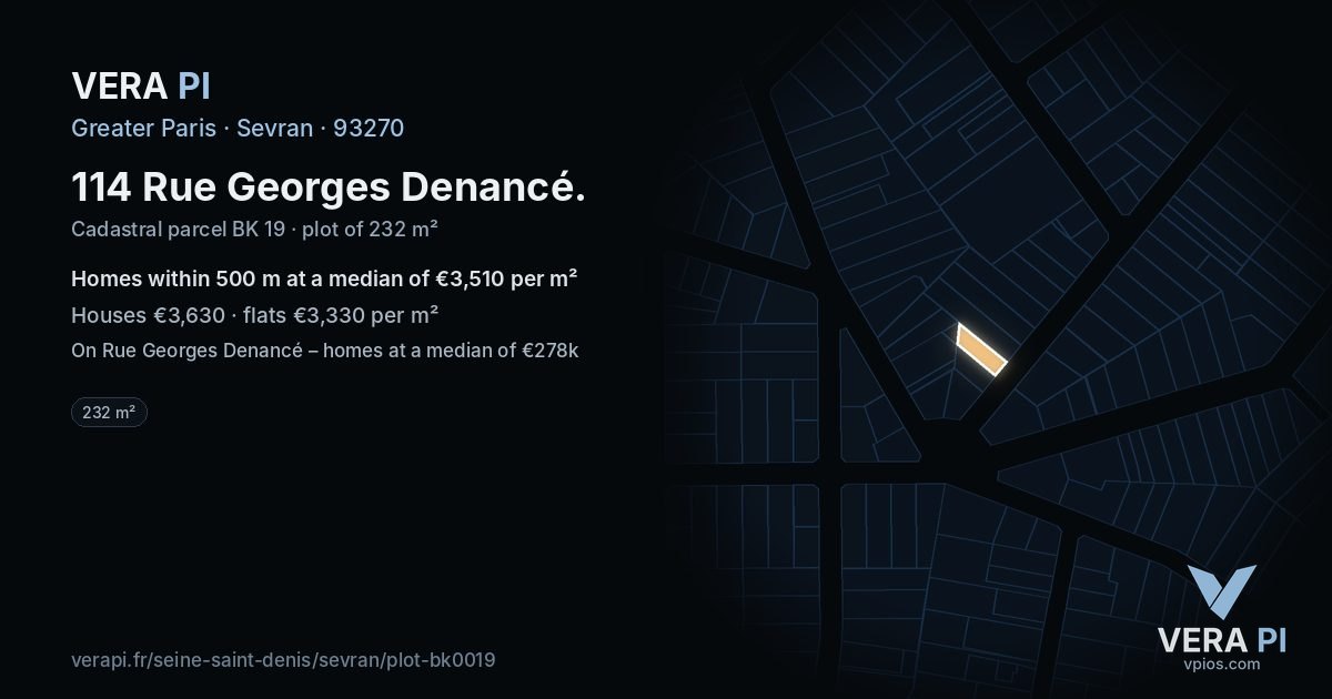 114 Rue Georges Denancé, Sevran at night – the plot lit, the parcels around coloured by the prices near them
