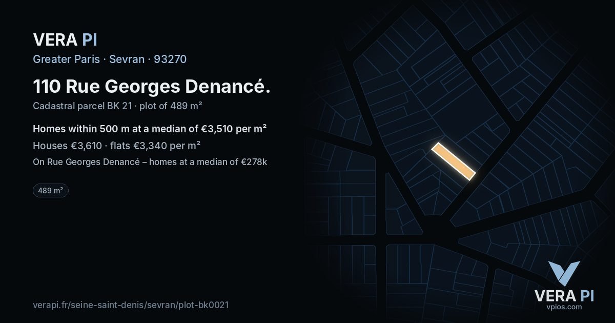 110 Rue Georges Denancé, Sevran at night – the plot lit, the parcels around coloured by the prices near them