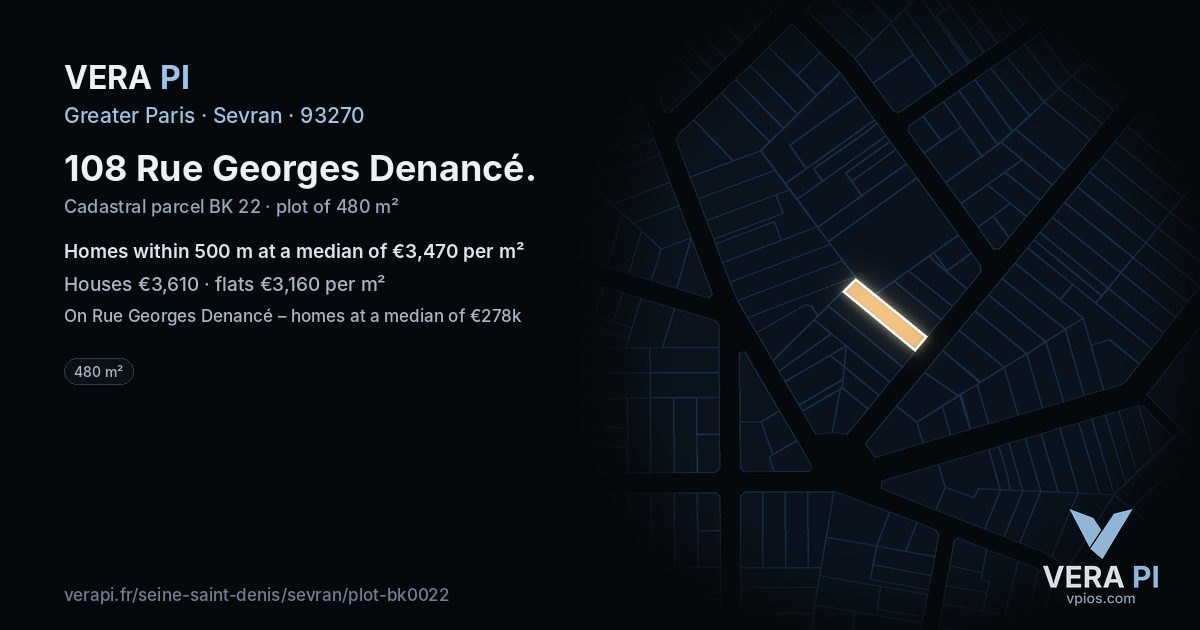 108 Rue Georges Denancé, Sevran at night – the plot lit, the parcels around coloured by the prices near them