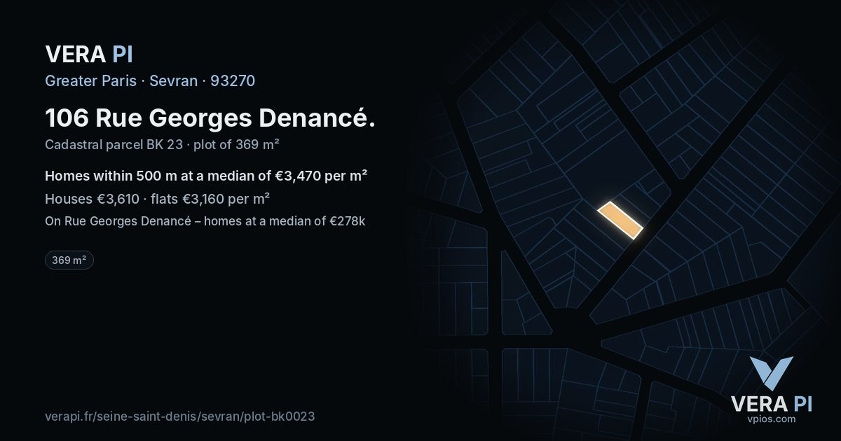 106 Rue Georges Denancé, Sevran at night – the plot lit, the parcels around coloured by the prices near them