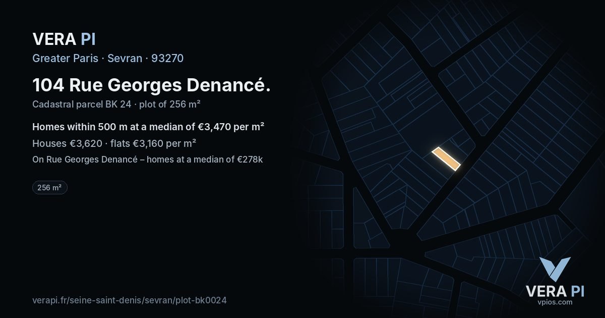 104 Rue Georges Denancé, Sevran at night – the plot lit, the parcels around coloured by the prices near them