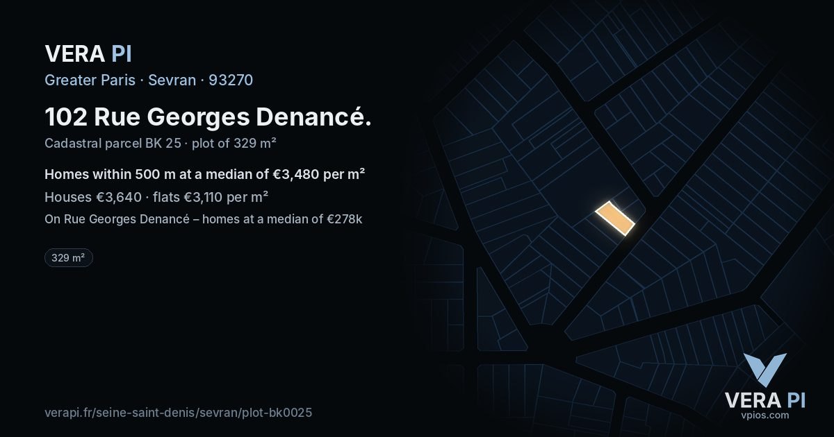 102 Rue Georges Denancé, Sevran at night – the plot lit, the parcels around coloured by the prices near them