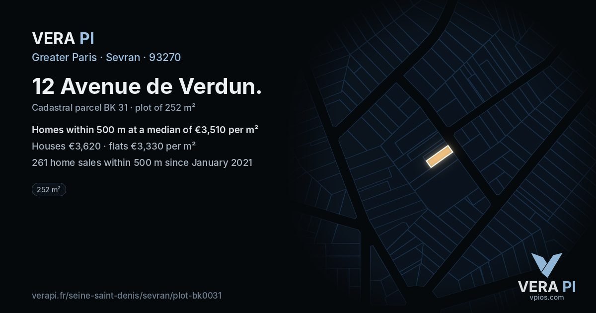12 Avenue de Verdun, Sevran at night – the plot lit, the parcels around coloured by the prices near them